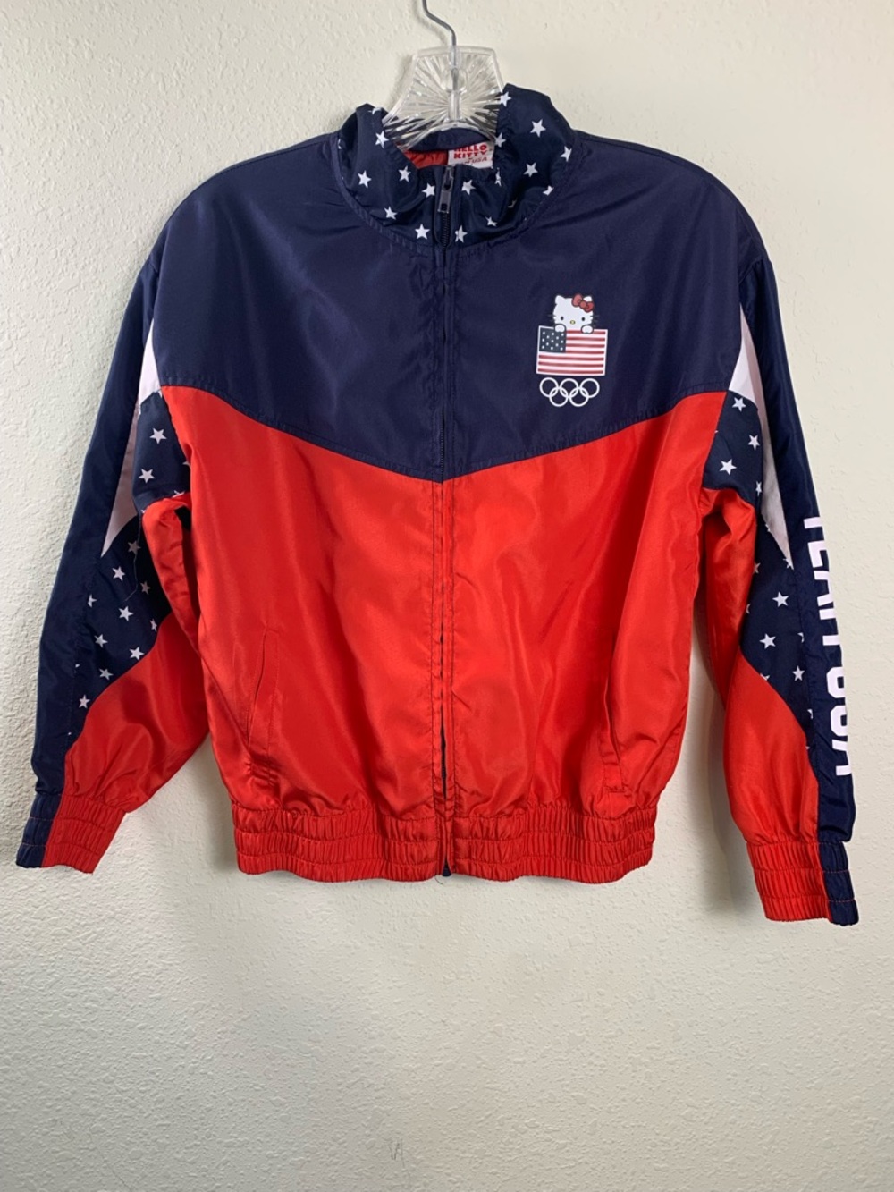 Hello Kitty Red & Navy Kids 10-12 Windbreaker Jacket Team USA Olympic‎ Flag